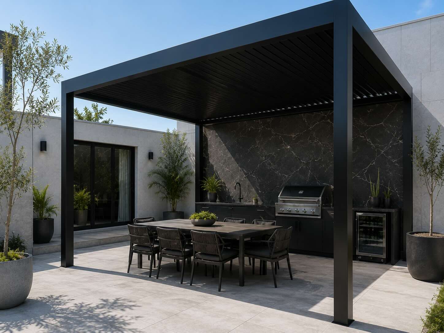 Pérgola integrada al jardín