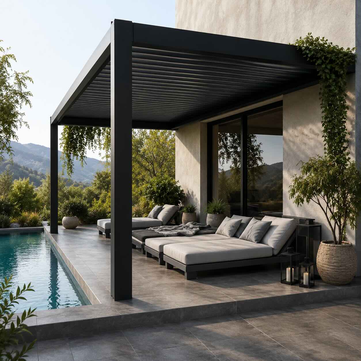 Pérgola con cocina exterior y plafón decorativo